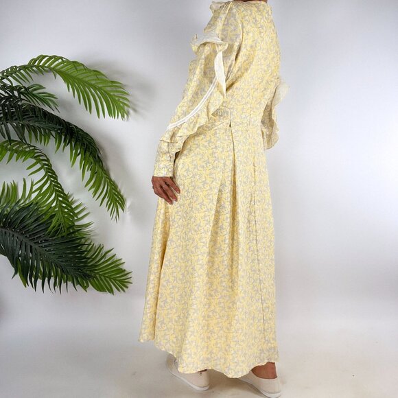Vintage Style Yellow Floral Cottagecore Prairie Long Sleeve Ruffle Dress / Large - Picture 2 of 8